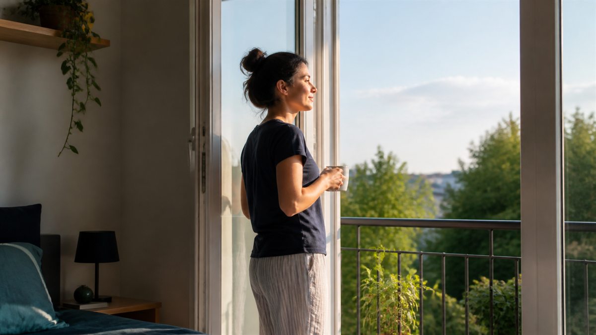 A person standing by an open balcony door in natural morning daylight