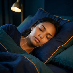 A person sleeping in a dark bedroom under a warm bedside light