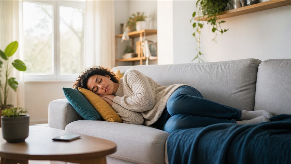 Adult taking a planned daytime nap on a sofa near a phone alarm