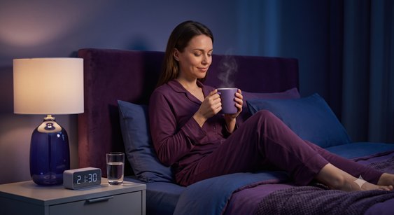 Adult holding a warm drink beside a bed