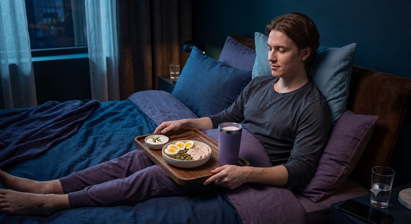 Adult with a tray of eggs, sliced food, seeds and a purple cup