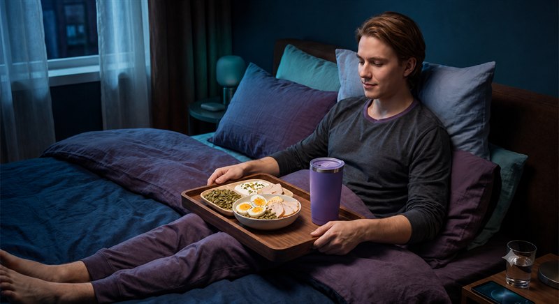 Adult with a prepared food tray and purple cup in a bedroom