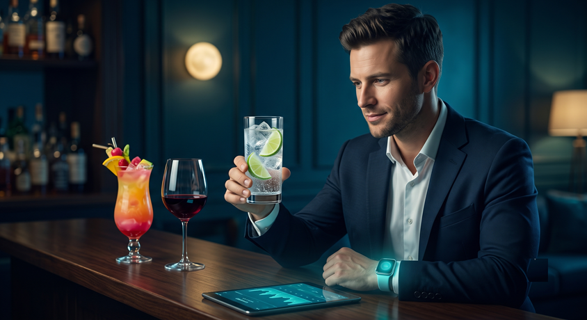 Illustration of an adult comparing different drinks at a table