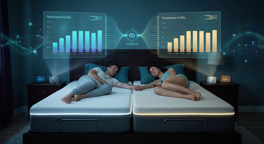Illustration of two adults with different bedding preferences and symbolic temperature graphics