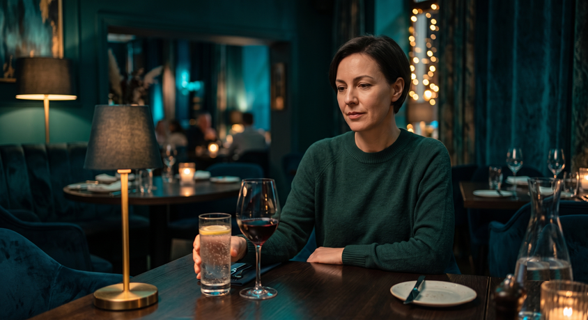 Illustration of an adult with a glass of water beside a wine glass