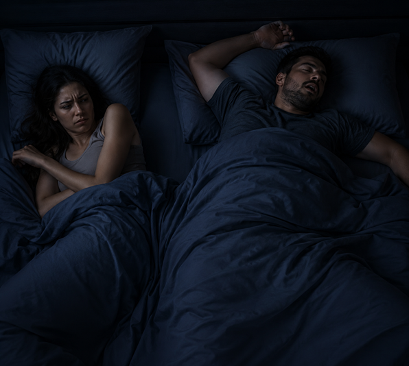Partners sharing a bed while one occupies more space