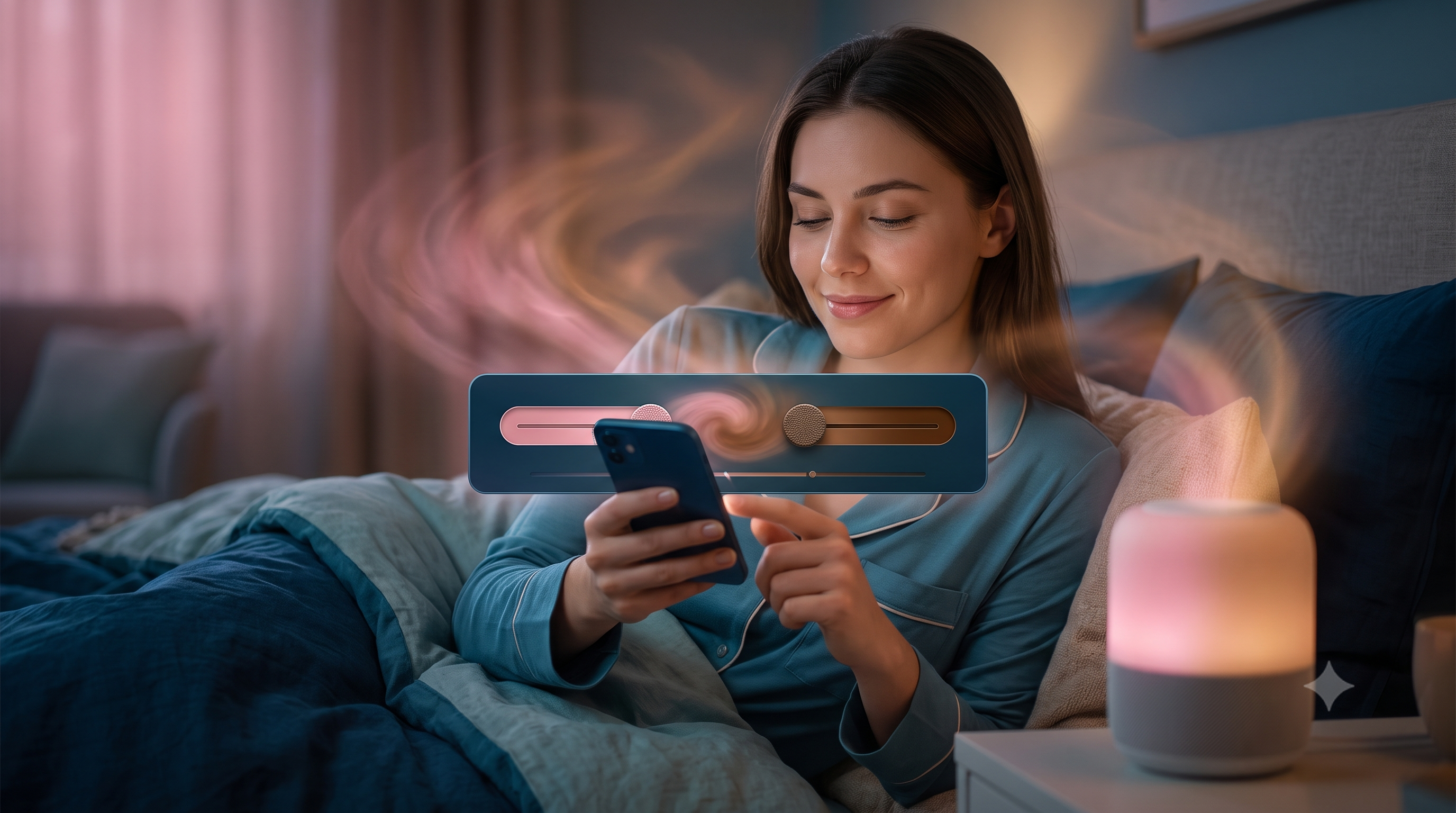 Adult in bed adjusting an illustrated sound-selection control on a phone