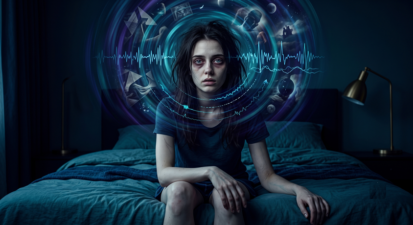 Tired adult sitting on a bed in an abstract illustration of short sleep