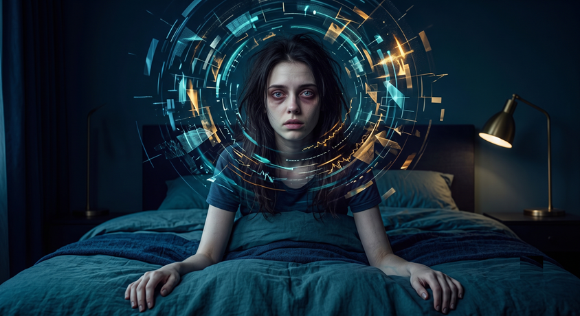 Adult awake in bed with an abstract ring suggesting mental stress