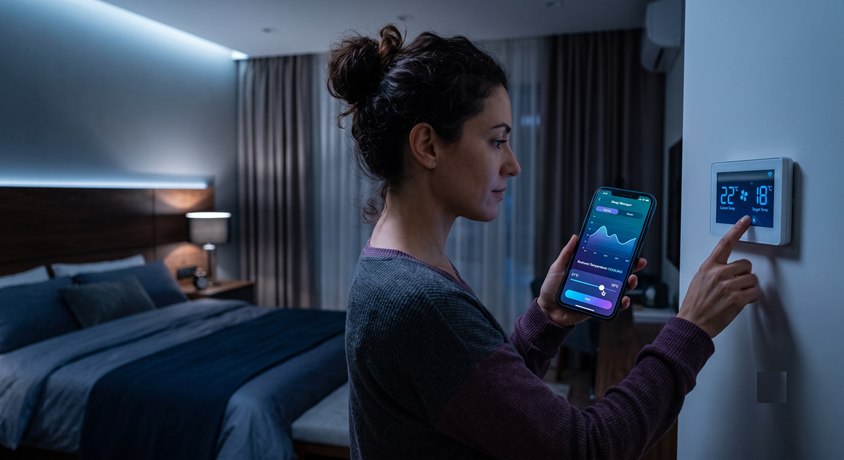 Illustration of an adult adjusting a thermostat before bed